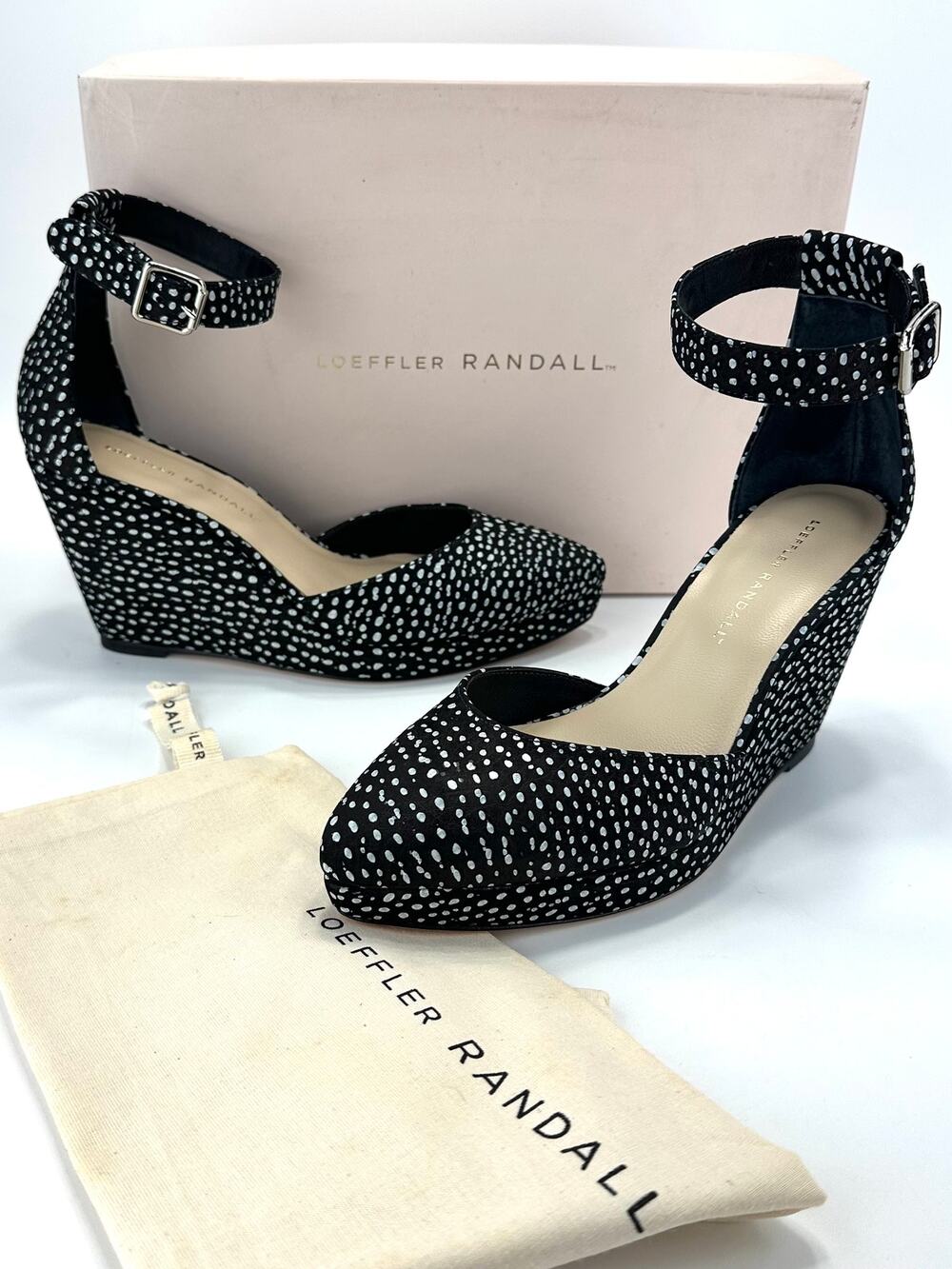 Loeffler Randall Jules Platform Wedge Sz 7.5B Black Polka Dot Leather Closed Toe